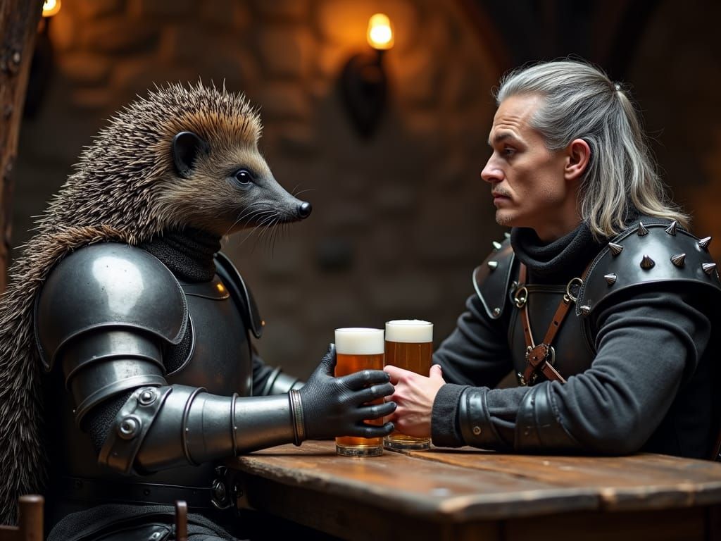 Hedgehog Knight Chatting in Medieval Tavern