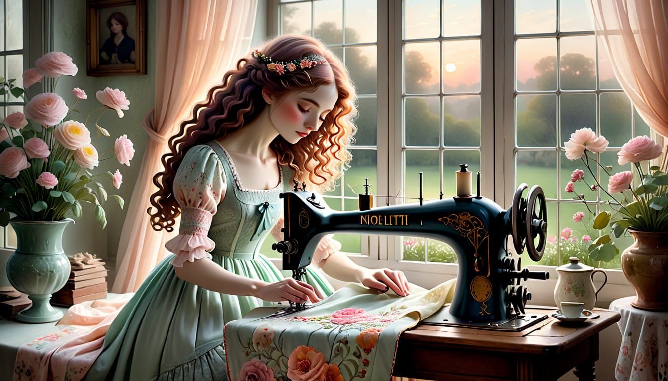 Young Woman Sewing in a Whimsical Garden Setting