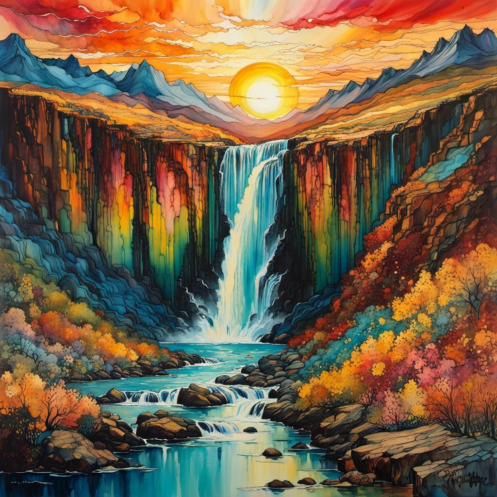 Sunset Waterfall in Encaustic Alcohol Ink Style
