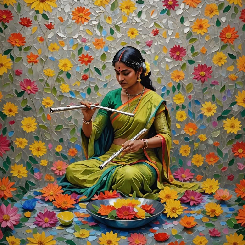Flute Player's Saree Blooms into Flowers: Airbrush Oil Paint...