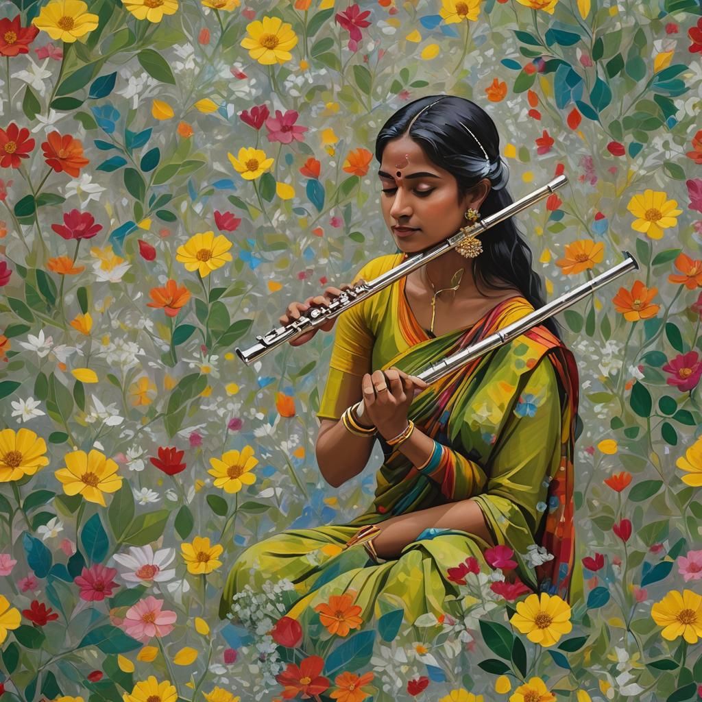 Woman's Flute Song Creates Blooming Flowers: Airbrush Oil Pa...