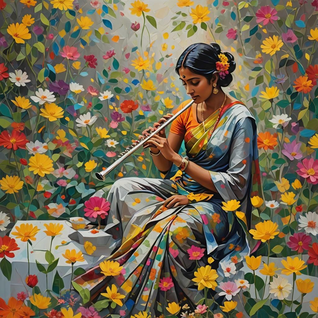 Woman's Flute Creates Blooming Flowers: Hyperrealistic Oil P...