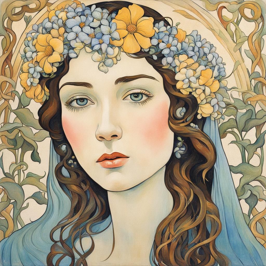 Elegant Woman with Floral Crown, Art Nouveau Style