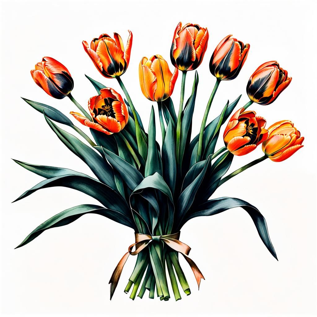 Orange Tulips: Botanical Ink Drawing in Suiboku-ga Style