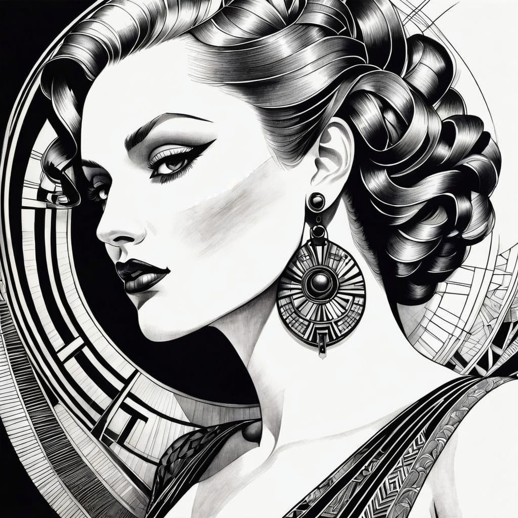 Art Deco Portrait in Sensual Ink Drawing Style
