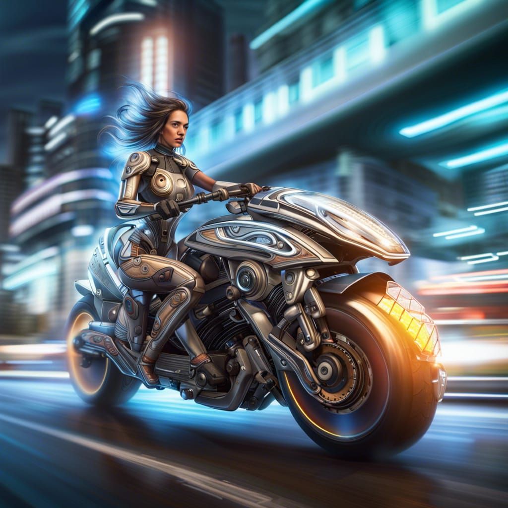 Mecha Woman Rides Biomechanical Motorcycle in Cyberpunk City