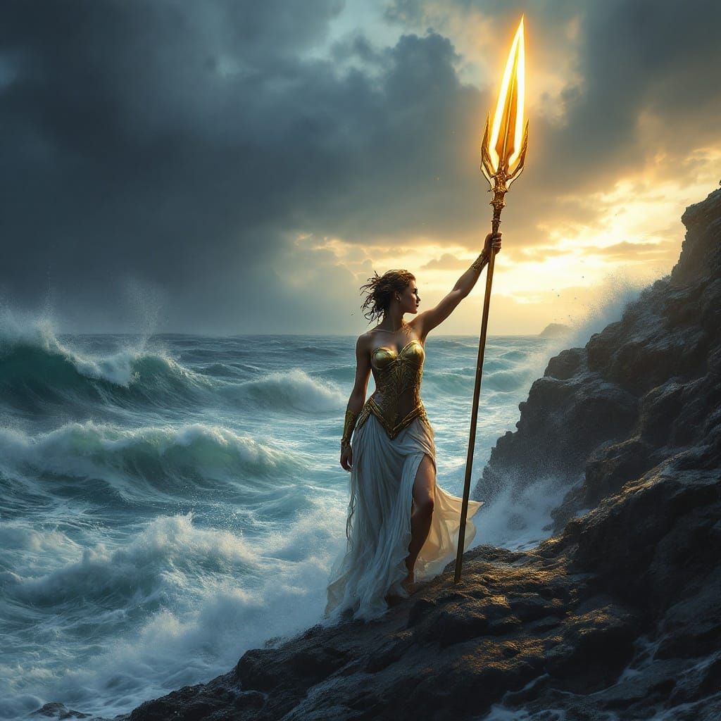 Athena on Coastline Holds Spear Against Stormy Sky