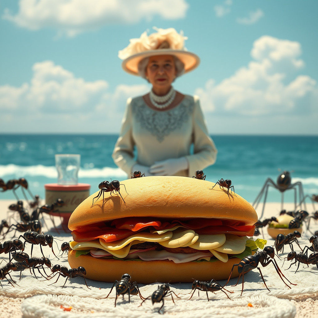 Surreal Beach Picnic with Queen Elizabeth II in Matte Painti...