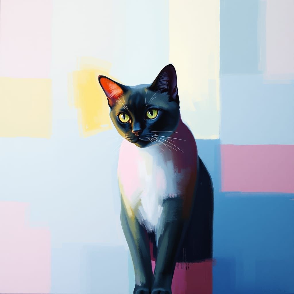 Abstract Mondrian Cat in Soft Neon Colors