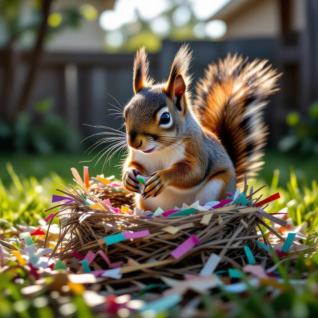 Hyperrealistic Squirrel Building Nest from Colorful Paper Sc...