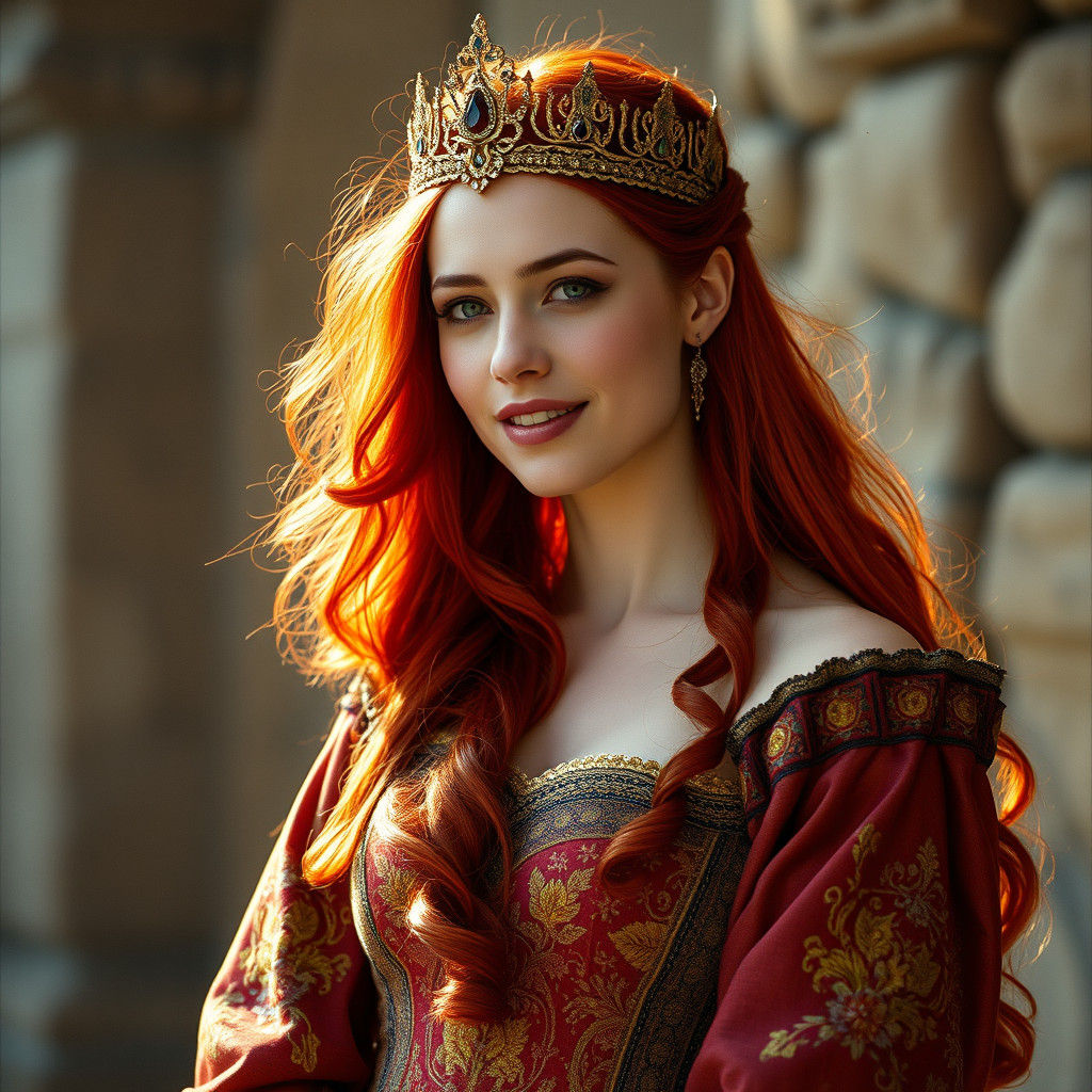 Medieval Queen with Red Hair in Opulent Gown