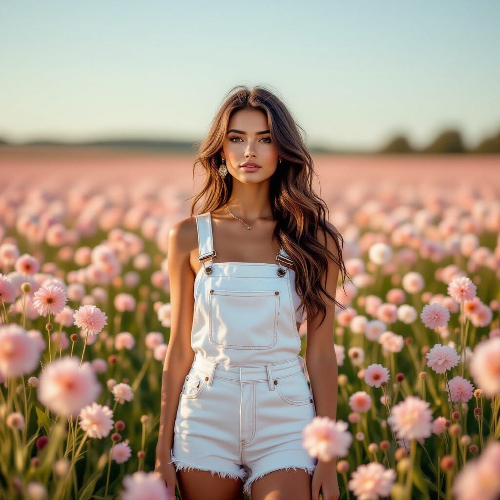 Woman in Flower Field: Hyperrealistic Pastel Portrait