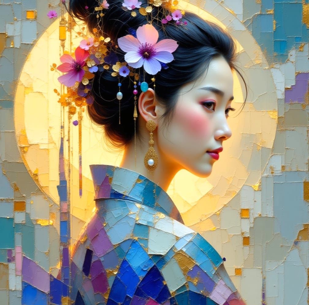 Luminous Chinese Lady with Moon, as Impasto Painting