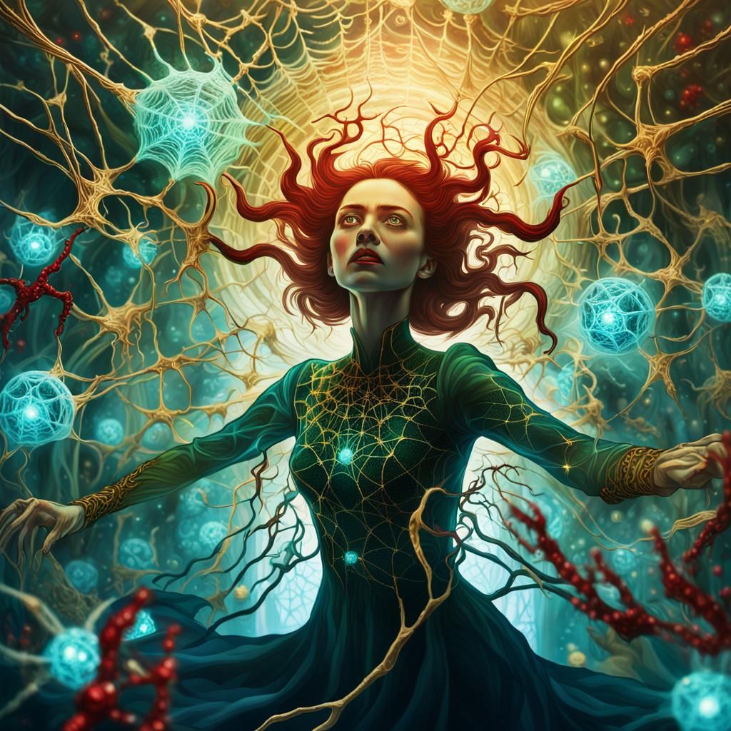 Woman Battles Molecular Realm in Surreal Oil Painting