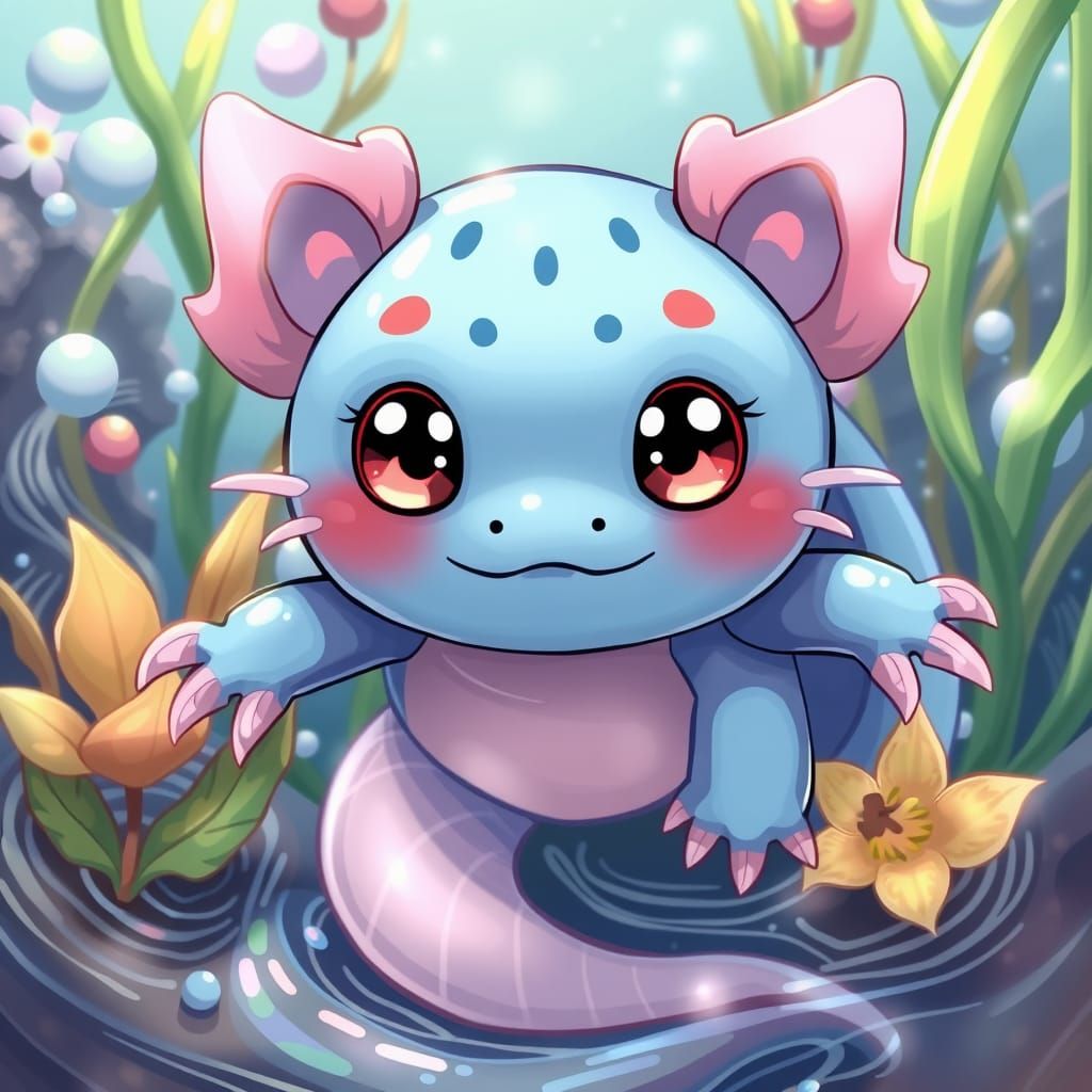 Cute Blue Axolotl in Vibrant Anime Style