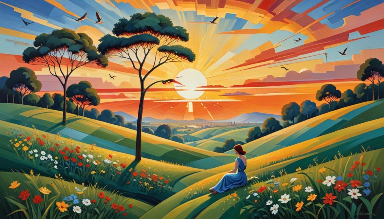 Vibrant Sunset Landscape in Cubist Style