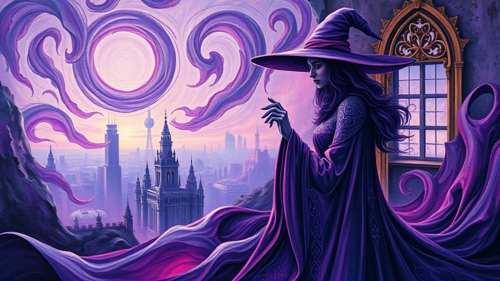 Mystical Purple Witch in Dystopian Landscape