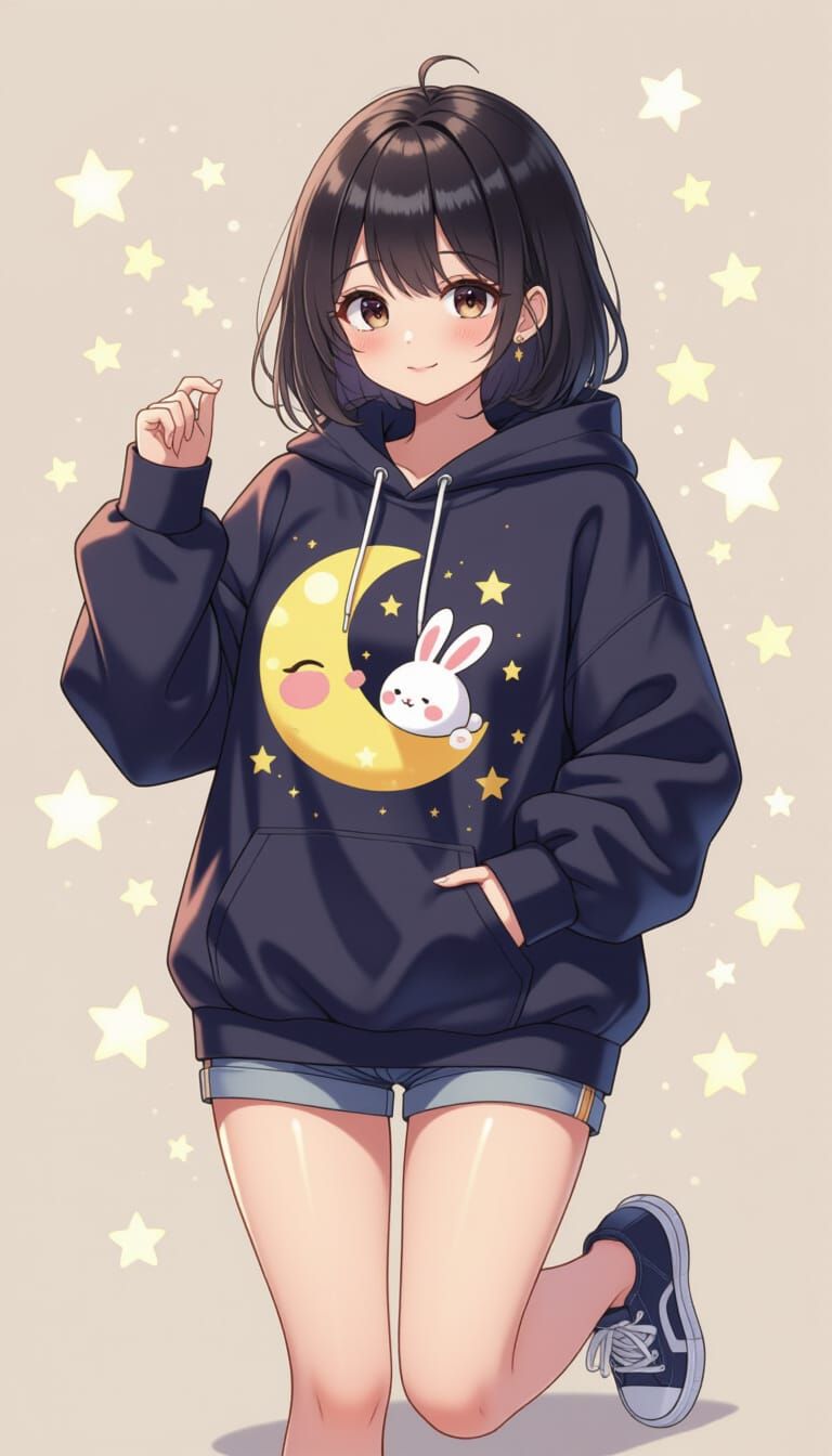 Kawaii Anime Girl in Moon Rabbit Hoodie