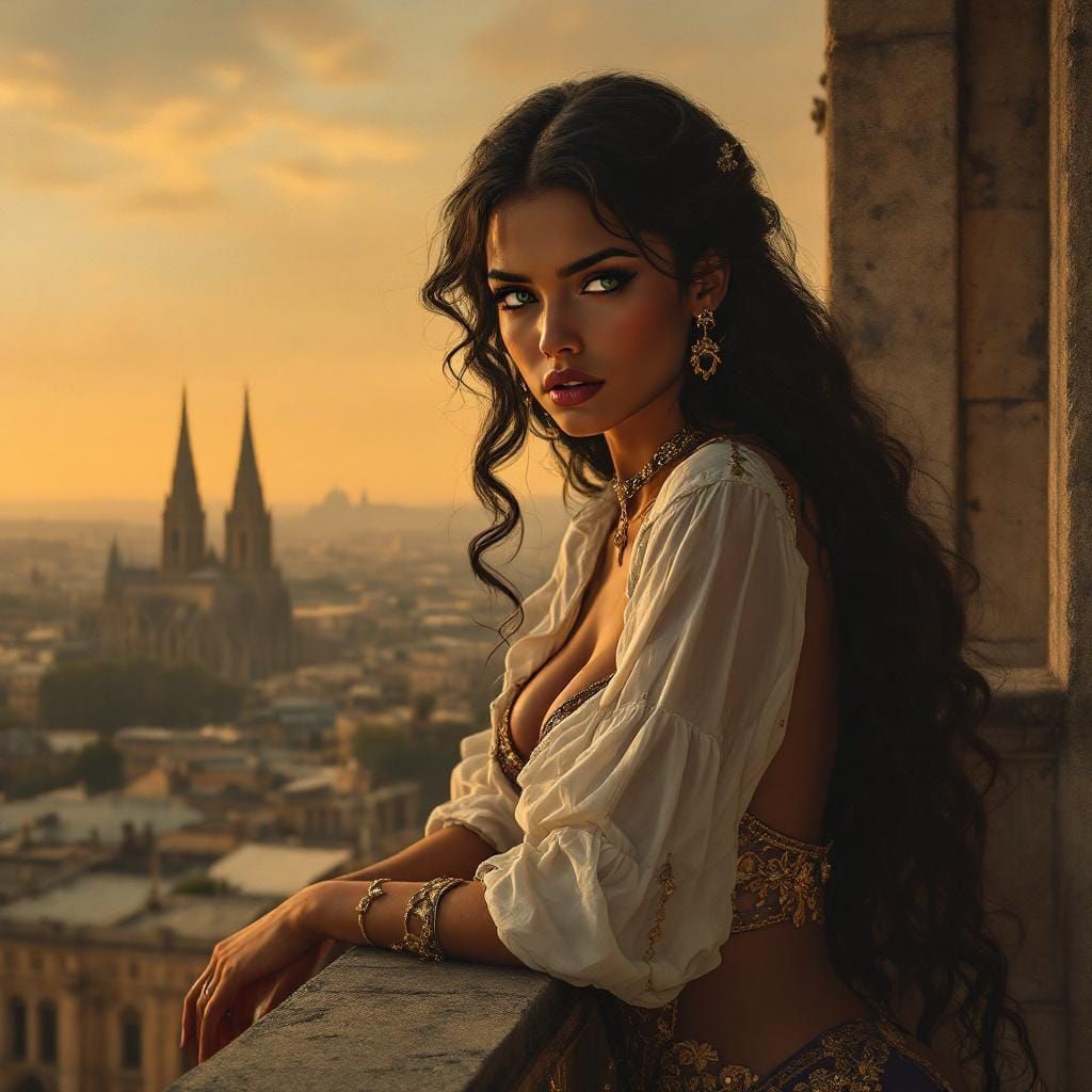 Renaissance Woman Overlooks Notre Dame in Art Nouveau Style