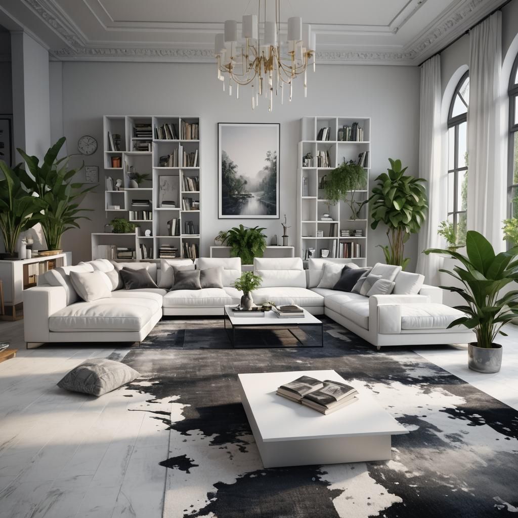 Modern White Room with Couch and Plants in Fantasy Art