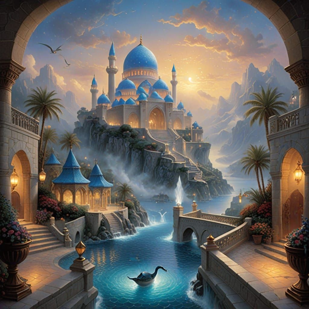 A mighty blue Djin is coming out of a magic lamp, and he is starting to build an enchanted Arabian palace, an ethereal f...