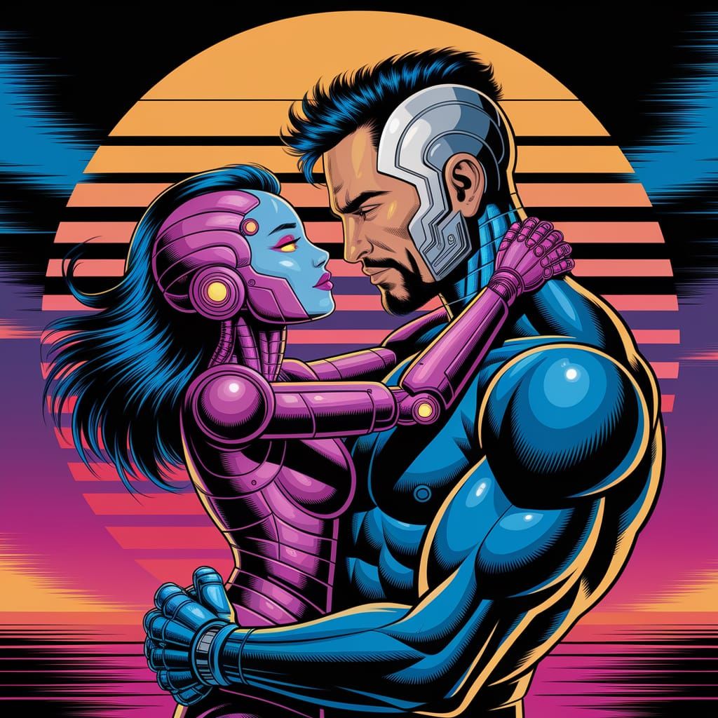 Cybernetic Father and Daughter Embrace at Sunset
