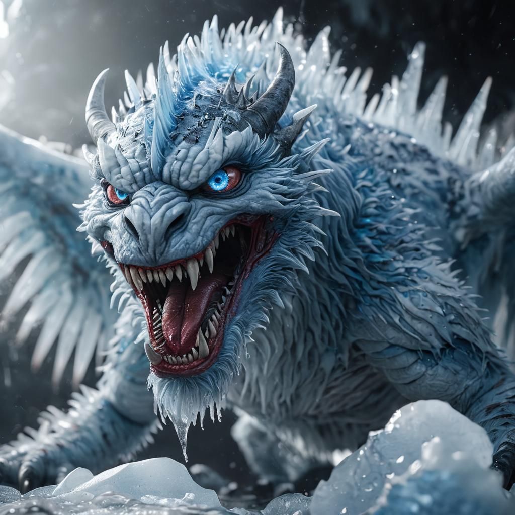 close up of a blue white monster made of ice; ice shards, ice crystals, cold white steam; blue eyes, red maw, teeth; ice...