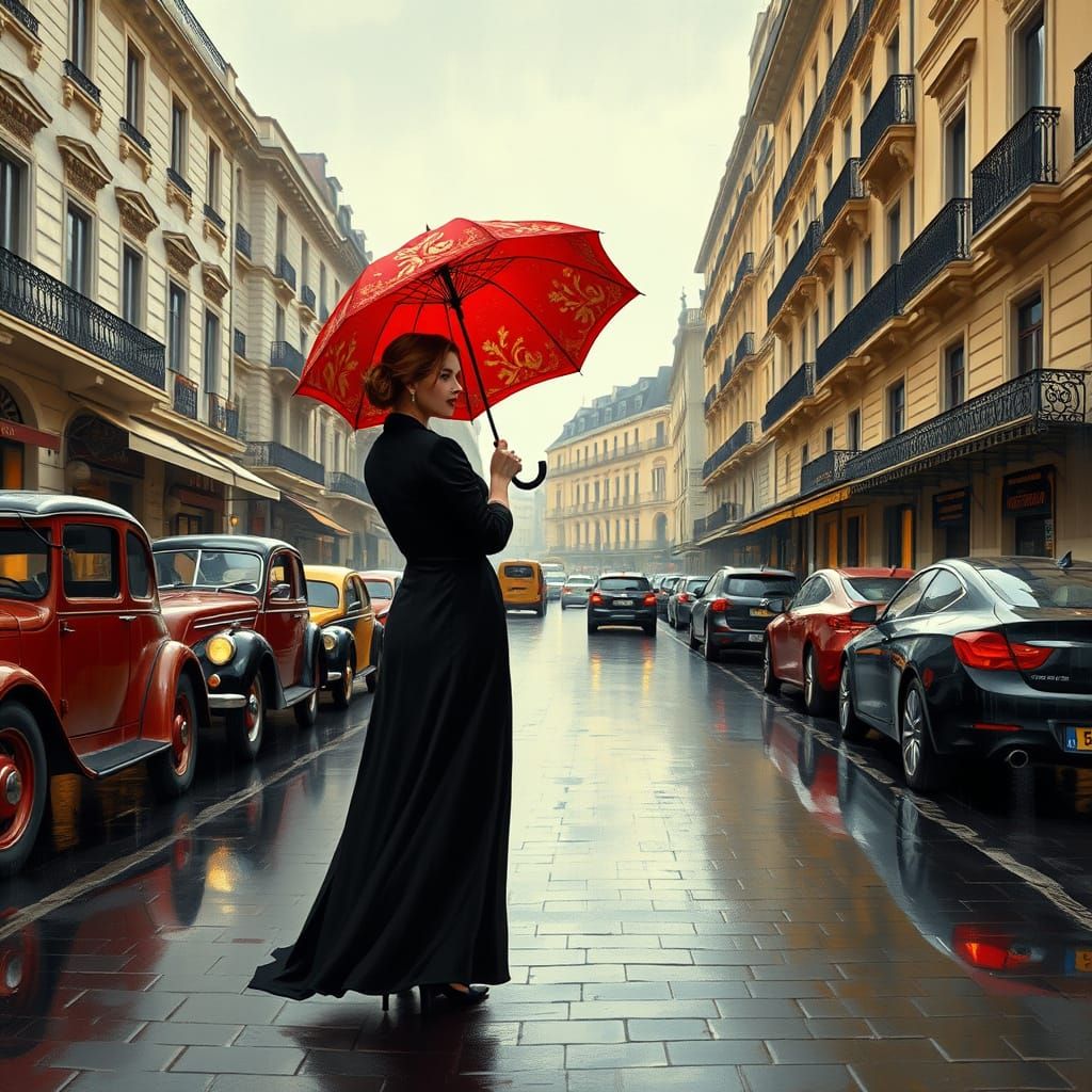 Elegant Woman with Red Umbrella on Rainy Street