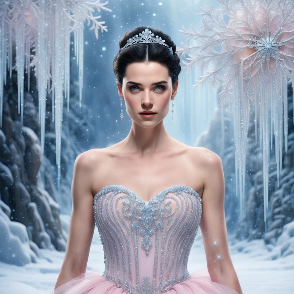 Elegant Winter Ball Gown Portrait in Cyberpunk Realism