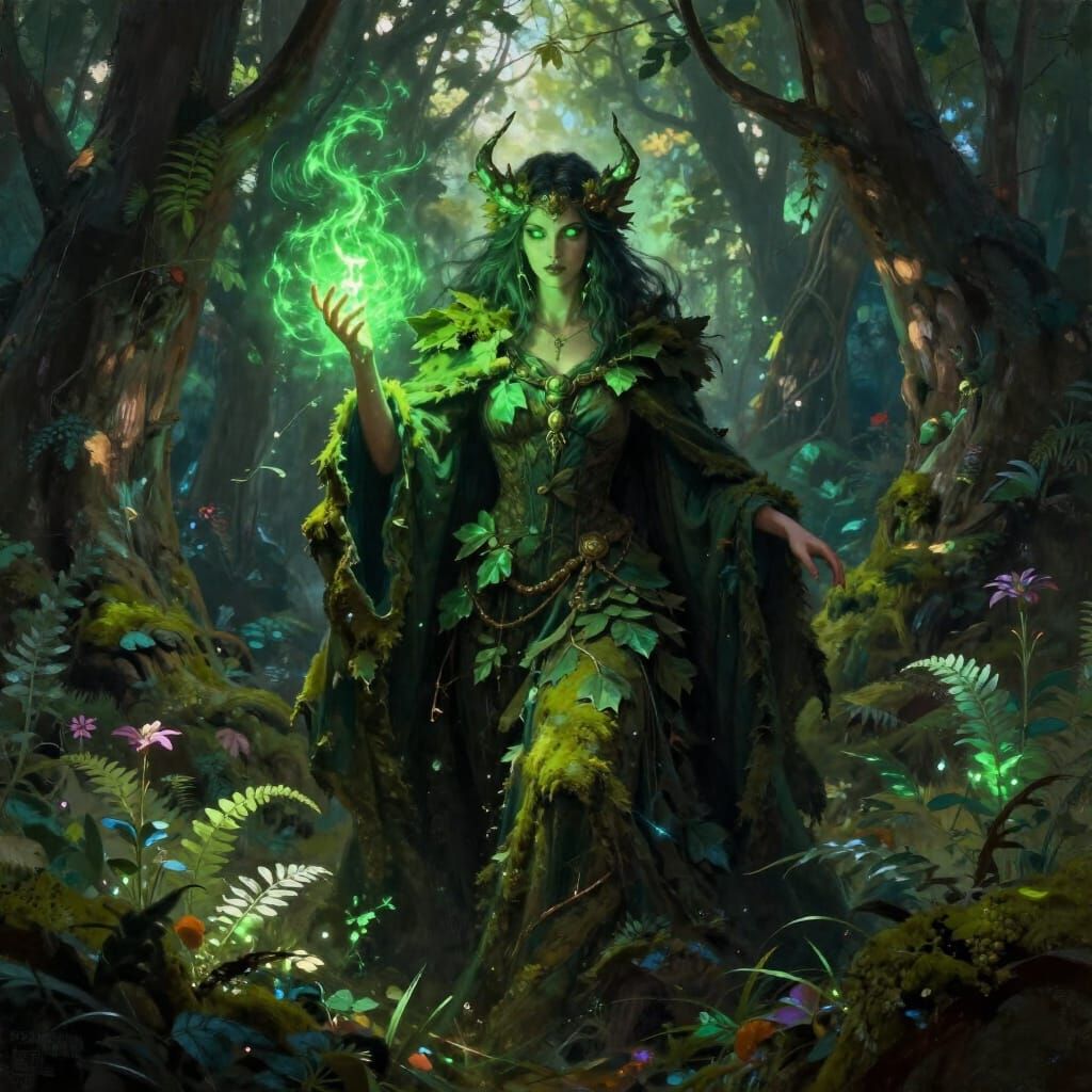 Forest Sorceress Casting Emerald Spell in Ancient Woods