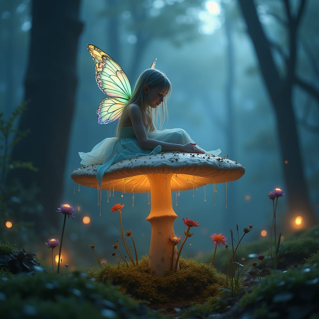 Enchanted Fairy on Bioluminescent Mushroom in Ethereal Style