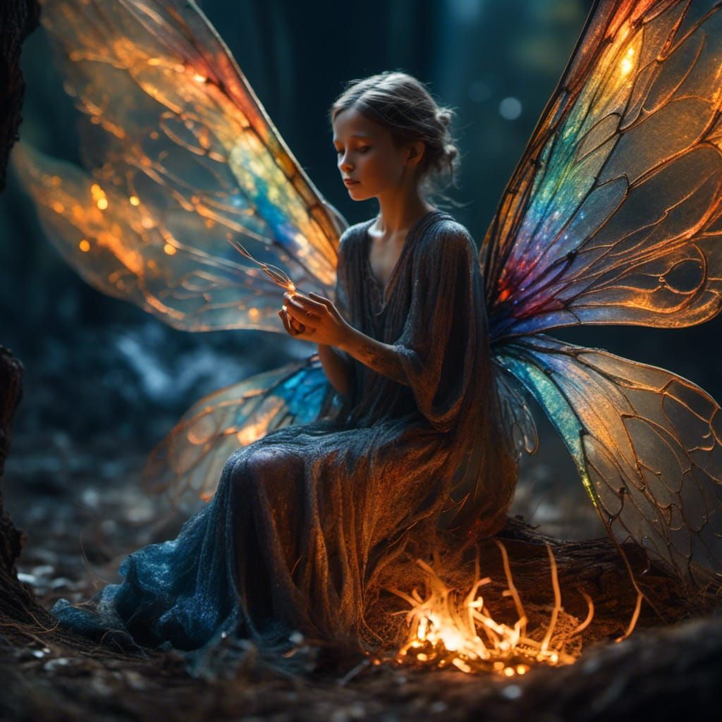 Hyperrealistic Fairy by Campfire in Enchanted Forest