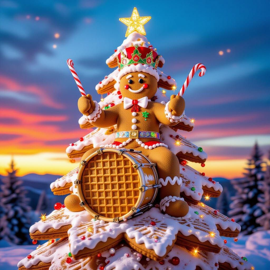 Whimsical Cookie Drummer on Spun Sugar Tree at Twilight