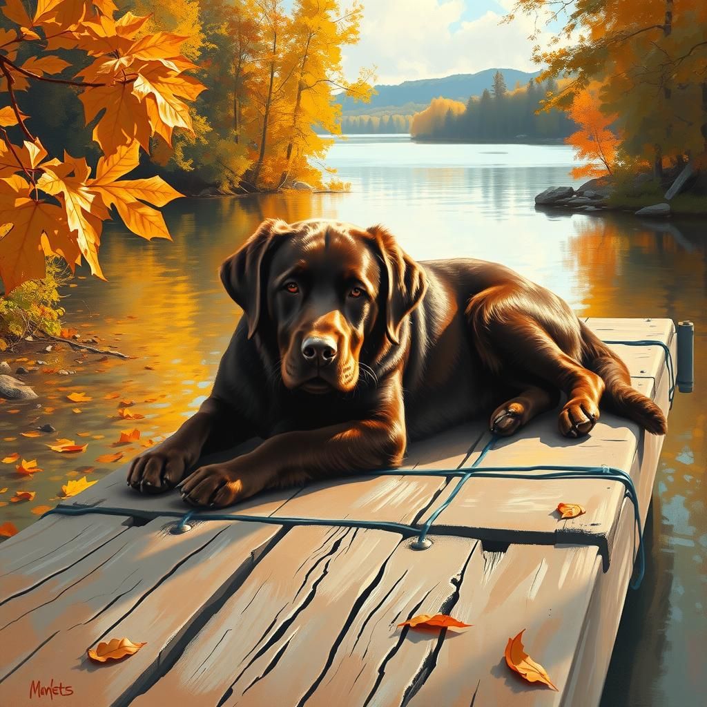 Labrador Lounging on Dock in Impressionistic Style