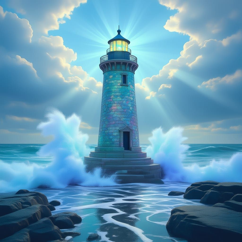 Sea Glass Lighthouse Against Crashing Waves