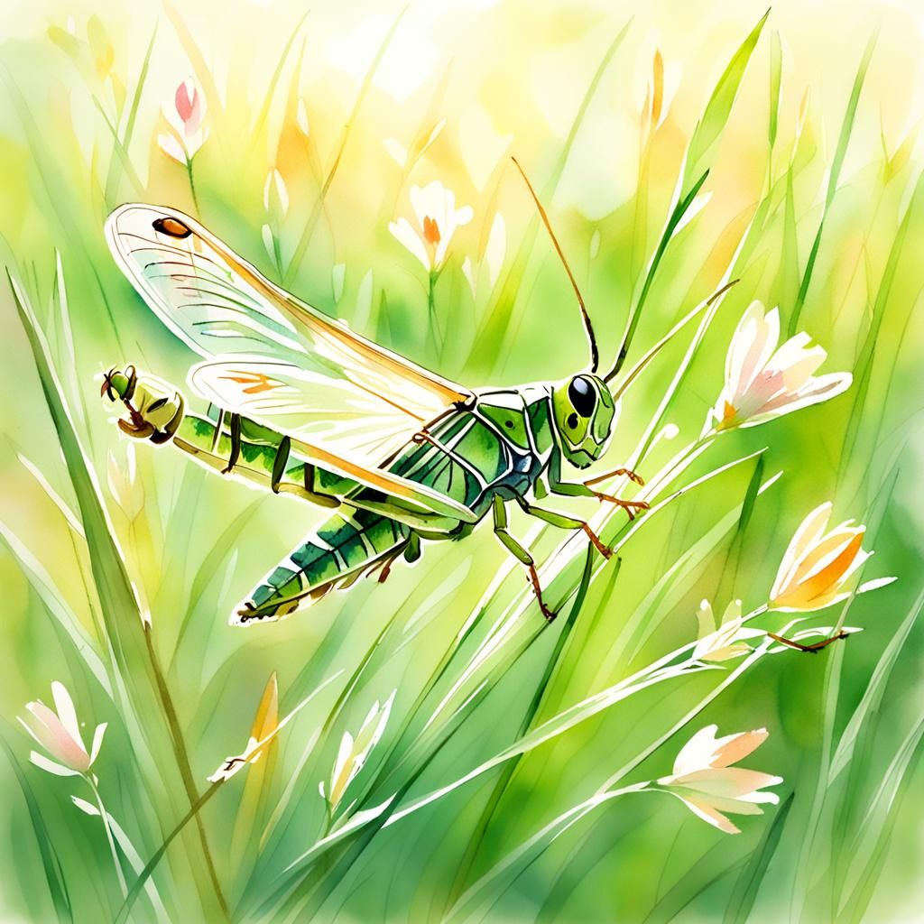 Grasshopper's Leap: A Watercolor Macro in Impressionistic St...