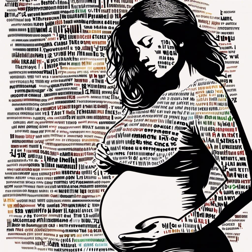 Pregnant Woman Adorned with Text in Splash Art