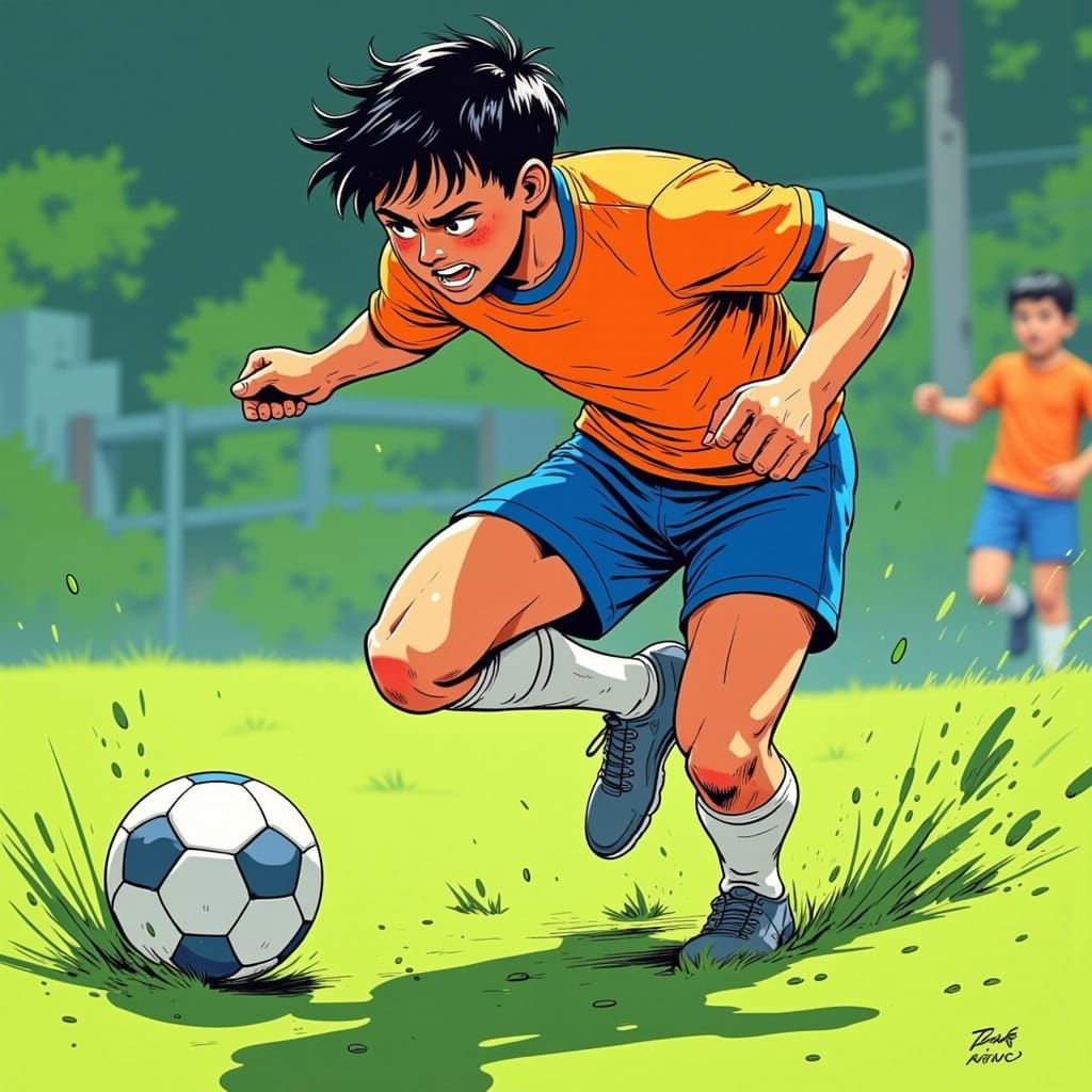 Dramatic Soccer Player in Action, Inspired by Japanese Manga