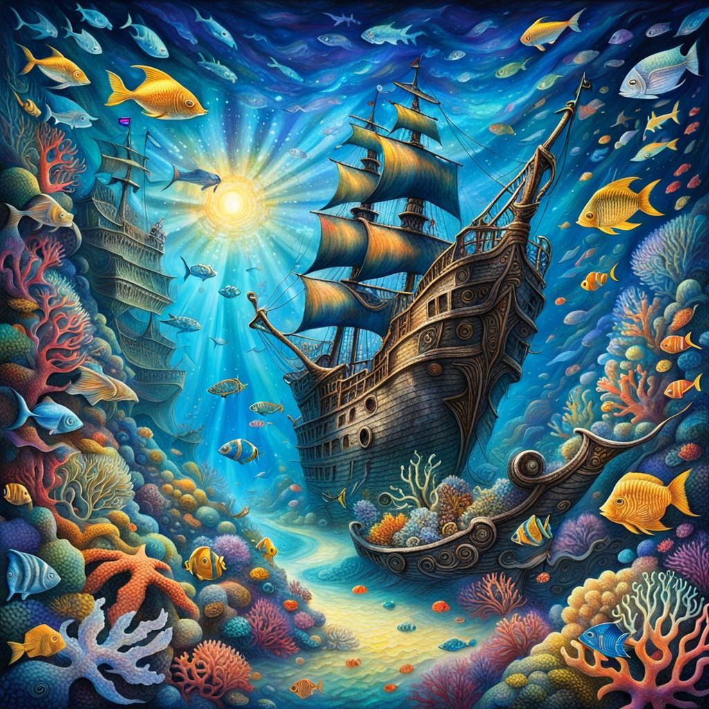 Sunken Pirate Ship with Zentangle Sails in Reef