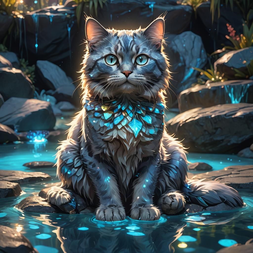 Bio-Illuminist Cat in Bioluminescent Pool, Fantasy Art
