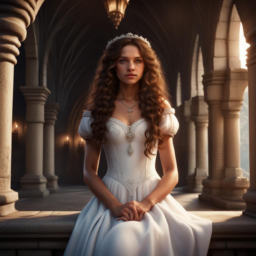 Princess in White Dress in Castle: Fantasy Concept Art