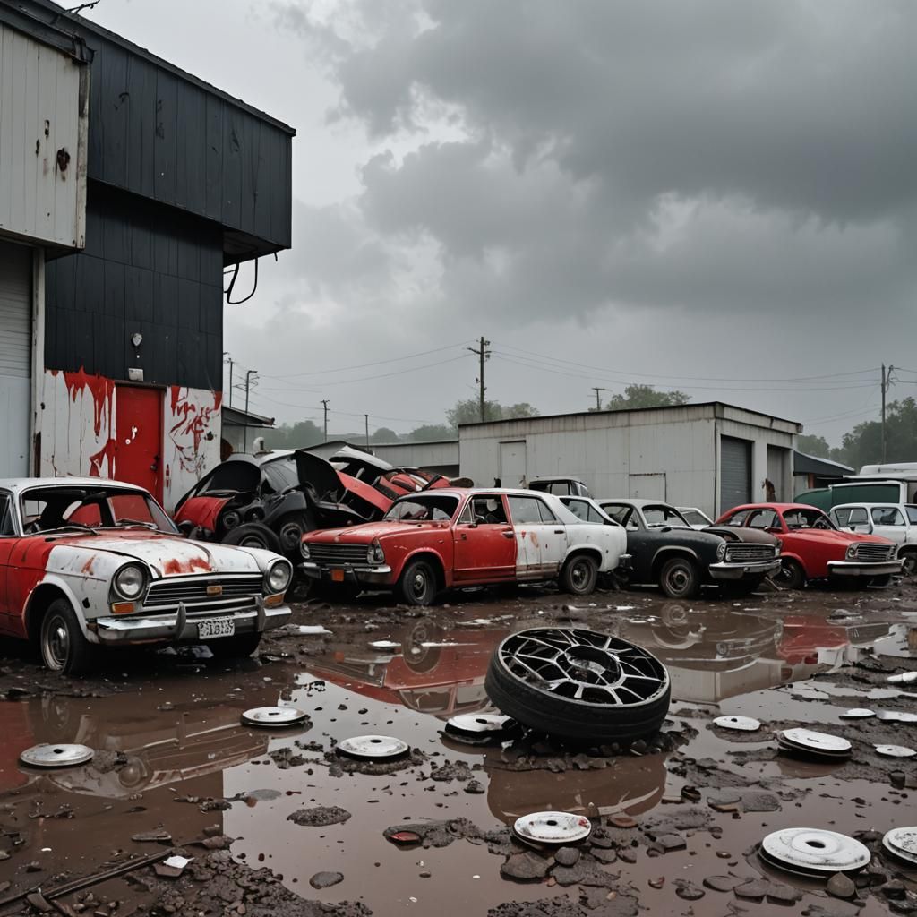 Chrome Car Parts with Red Spray Paint and Insects