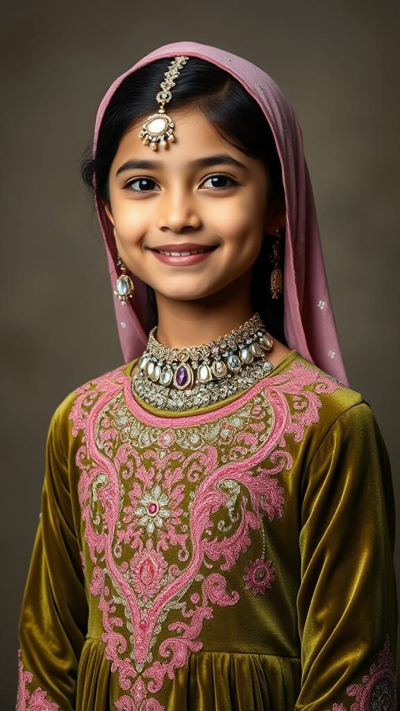 Regal Young Girl in Traditional Eid Dress with Crystal Stone...
