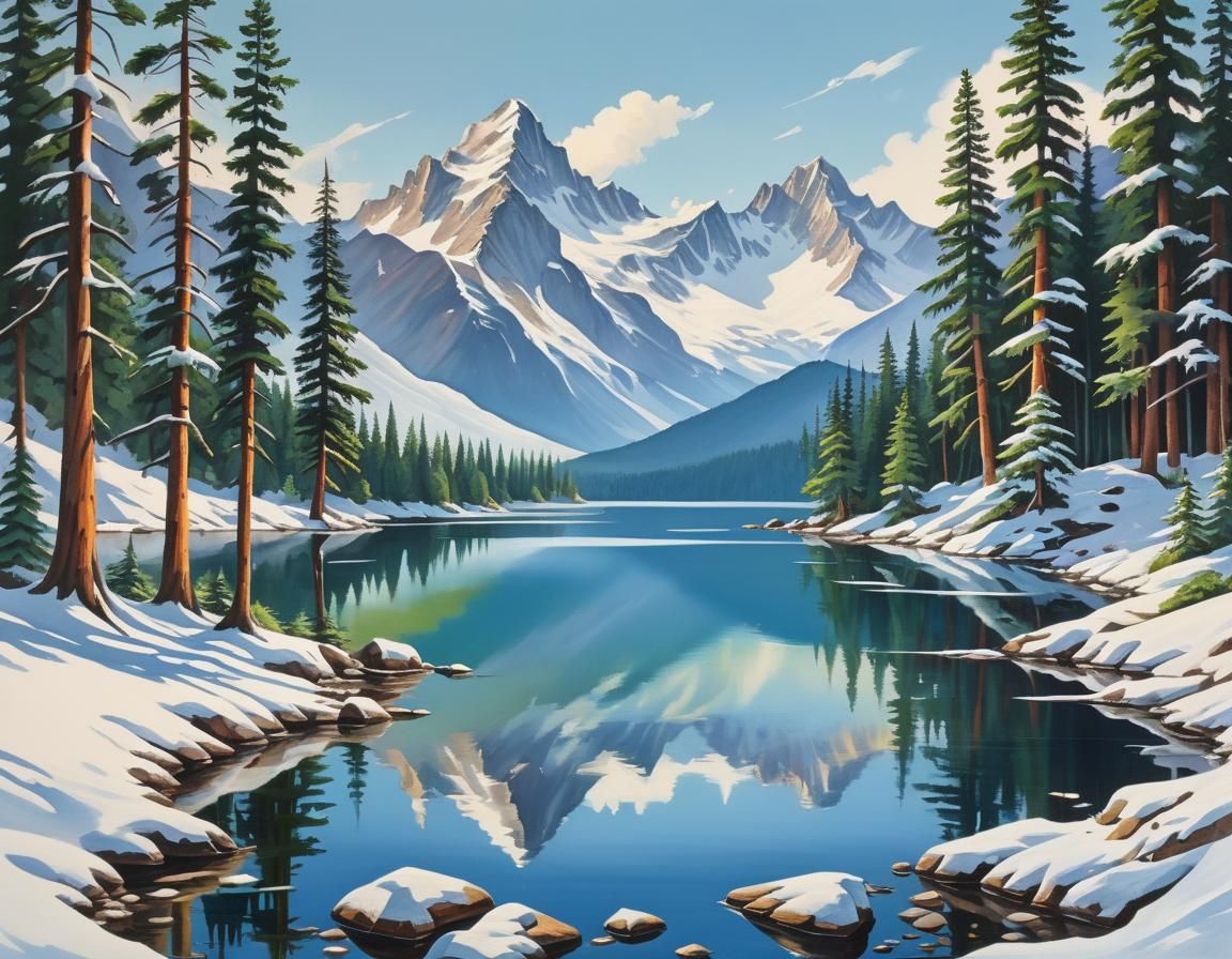 Snowy Mountains and Crystal Lake: Gouache Painting