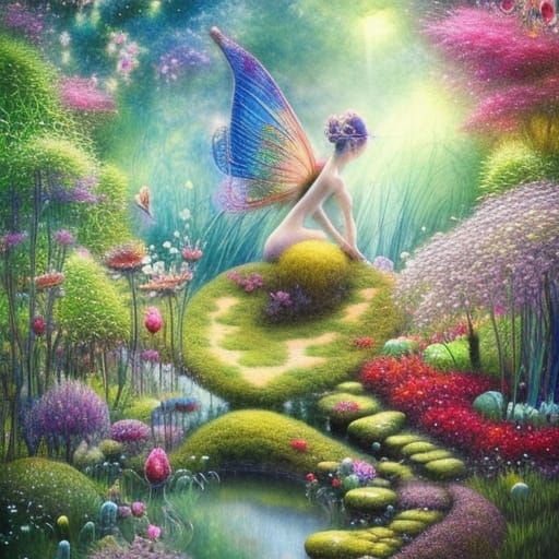 Enchanted Fairy Garden with Lace Flowers, Detailed Gouache P...