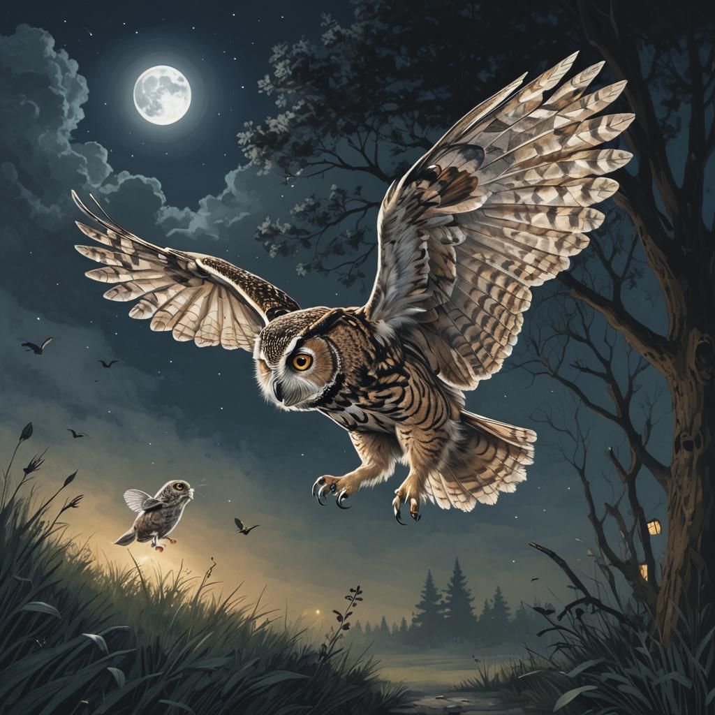 Night Owl Hunting Mouse in Dark Scene