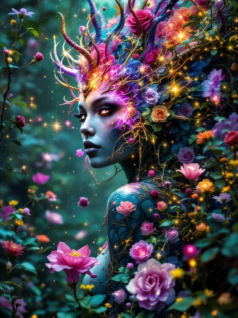 Regal Biopunk Mage in Whimsical Forest