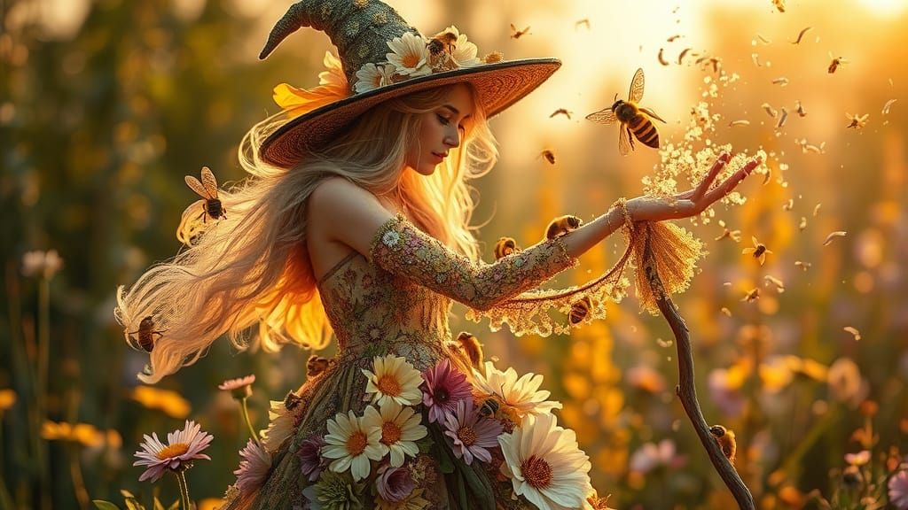 Magical Witch of Flowers and Bees in Golden Hour