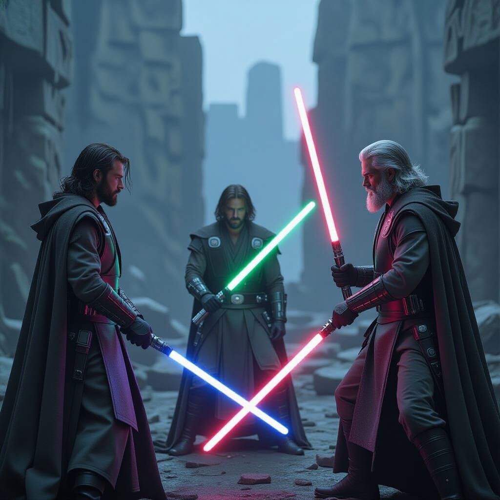 Jedi Family Feud: Epic Lightsaber Battle in Ancient Ruins