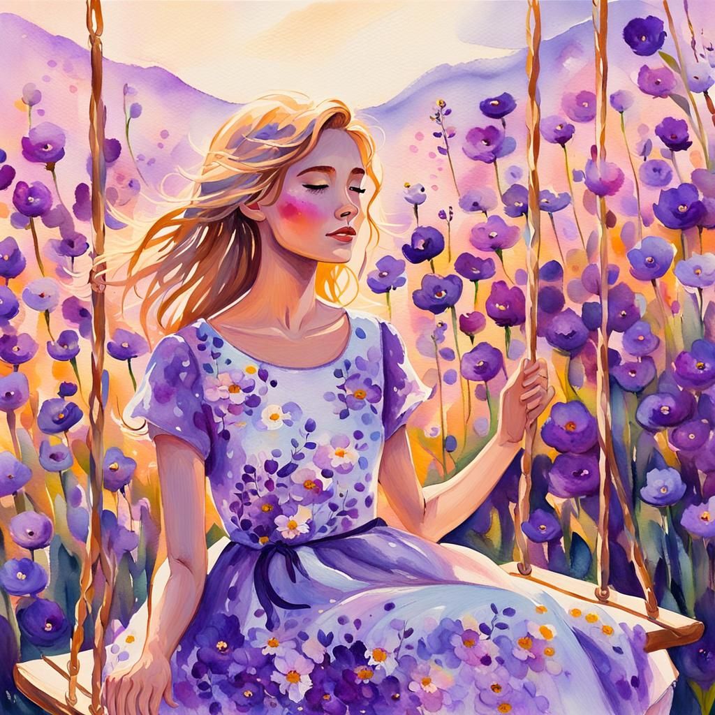 Girl on Swing in Purple Meadow: Gouache Painting